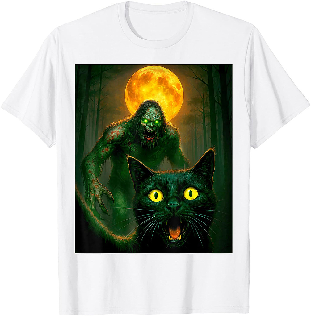 Scared Cat Selfie with Zombie Bigfoot Sasquatch Halloween T-Shirt