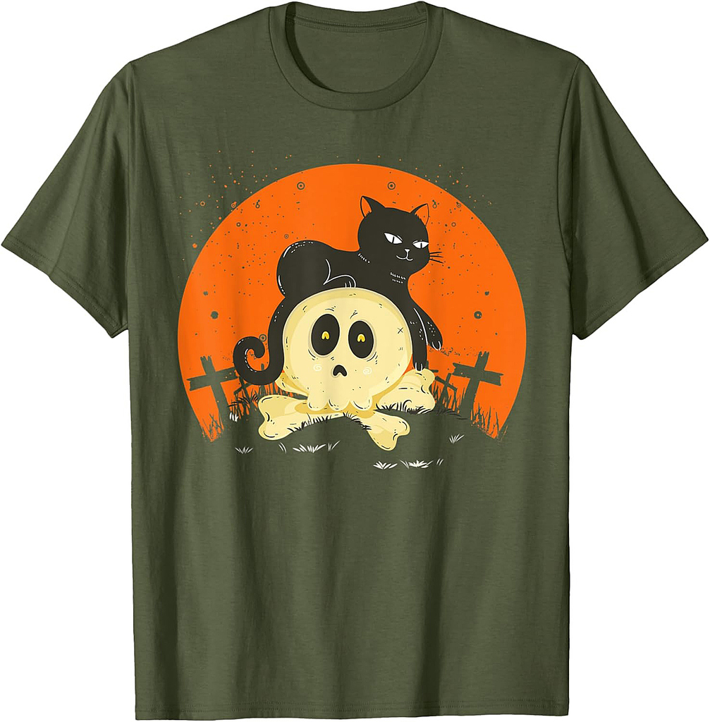 Scary Black cat Halloween Sunset Moon Retro Vintage 2021 T-Shirt