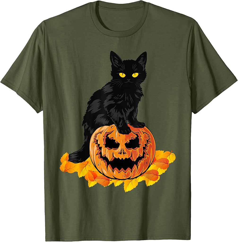 Scary Cat With Pumpkin Halloween Fall Autumn Vintage T-Shirt