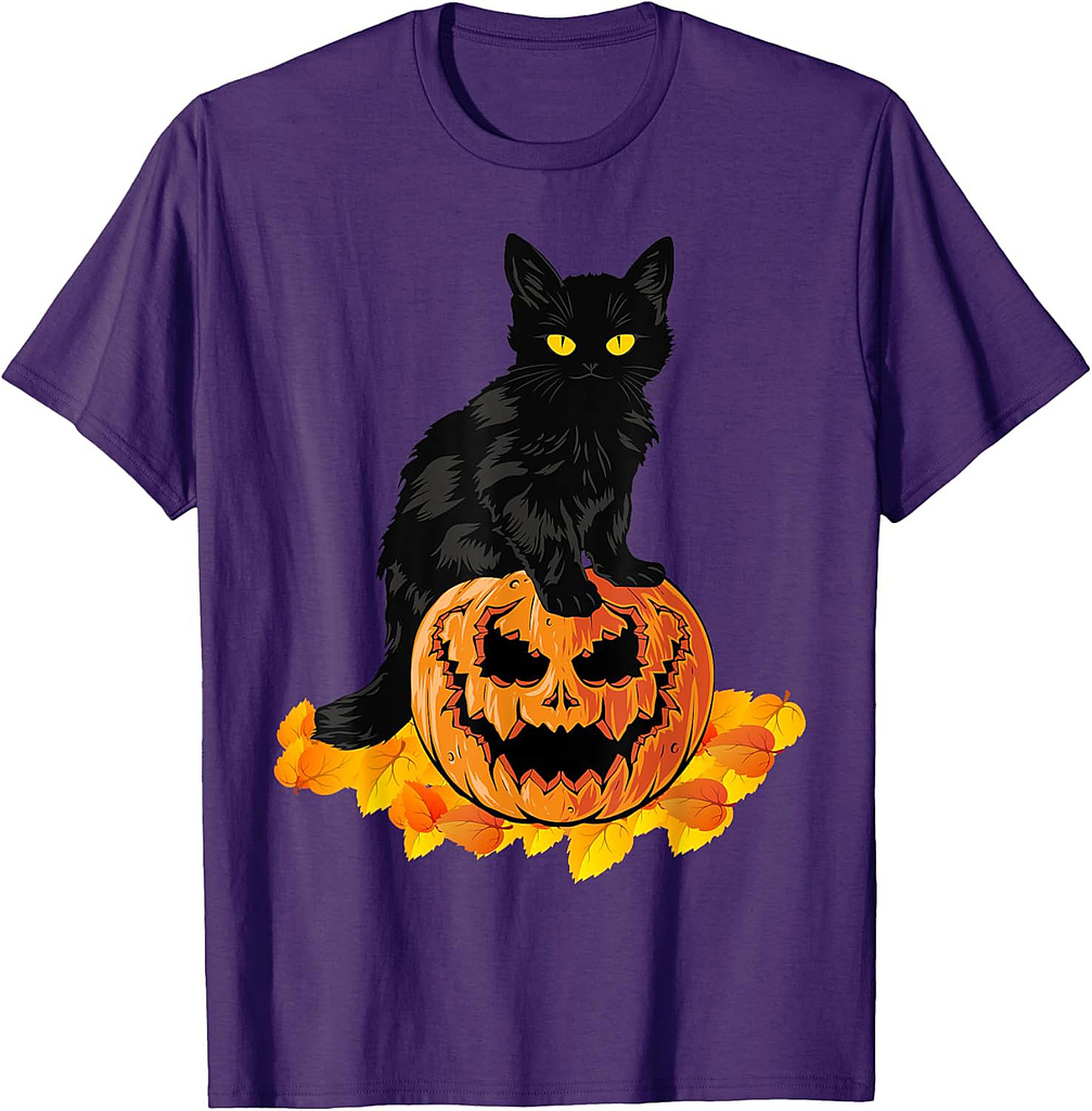 Scary Cat With Pumpkin Halloween Fall Autumn Vintage T-Shirt