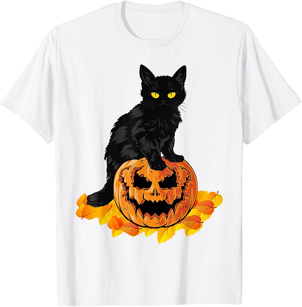 Scary Cat With Pumpkin Halloween Fall Autumn Vintage T-Shirt
