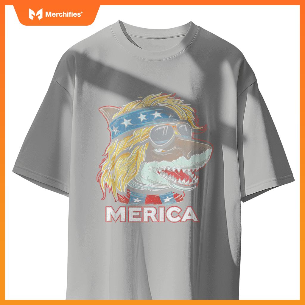 Shark - Patriotic USA 4th of July American Flag Mullet Funny T-Shirt