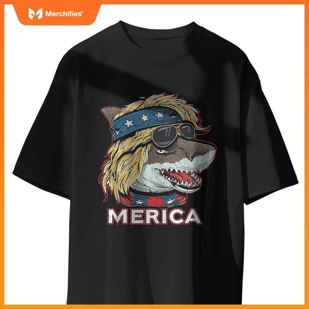 Shark - Patriotic USA 4th of July American Flag Mullet Funny T-Shirt