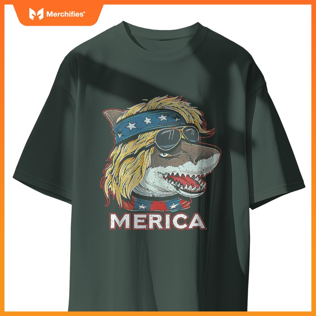 Shark - Patriotic USA 4th of July American Flag Mullet Funny T-Shirt