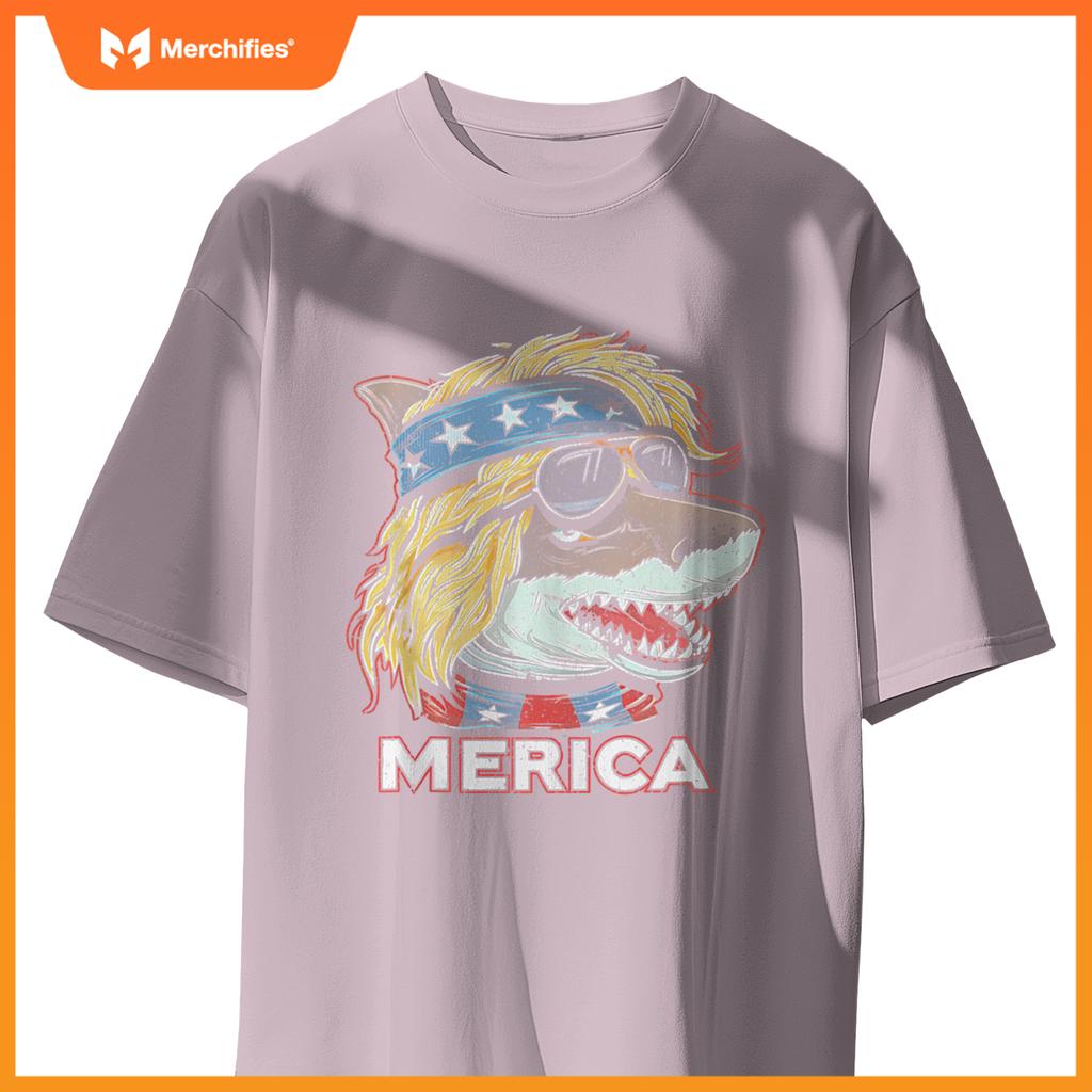 Shark - Patriotic USA 4th of July American Flag Mullet Funny T-Shirt