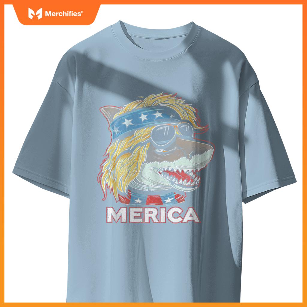 Shark - Patriotic USA 4th of July American Flag Mullet Funny T-Shirt