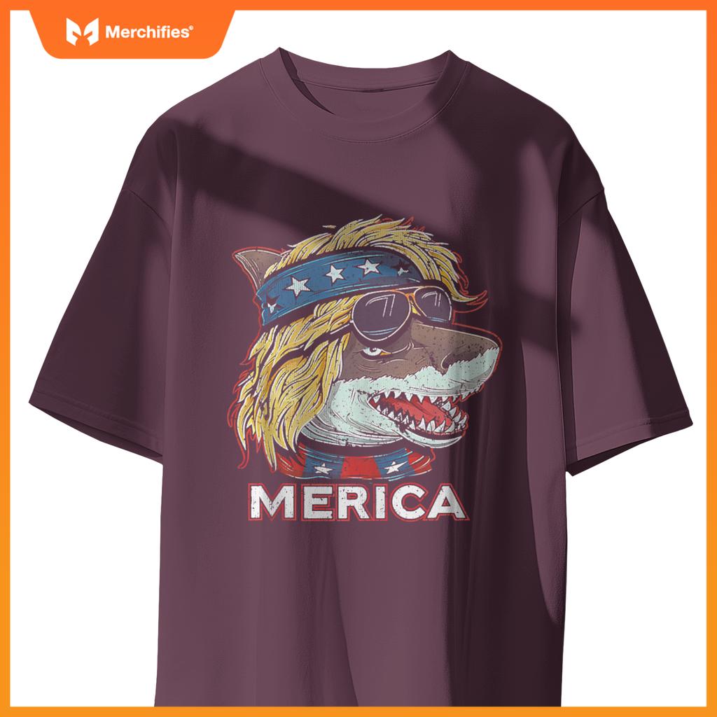 Shark - Patriotic USA 4th of July American Flag Mullet Funny T-Shirt