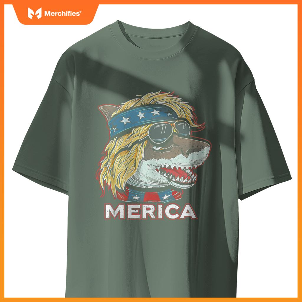 Shark - Patriotic USA 4th of July American Flag Mullet Funny T-Shirt