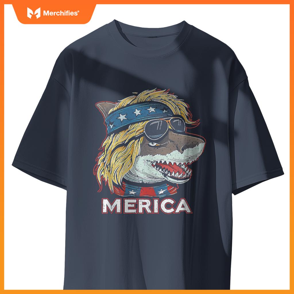 Shark - Patriotic USA 4th of July American Flag Mullet Funny T-Shirt