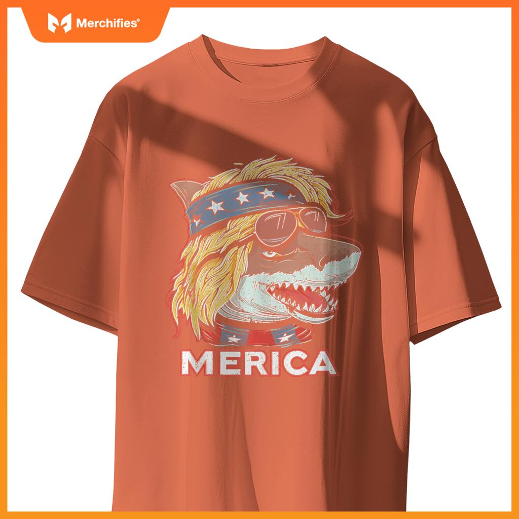 Shark - Patriotic USA 4th of July American Flag Mullet Funny T-Shirt