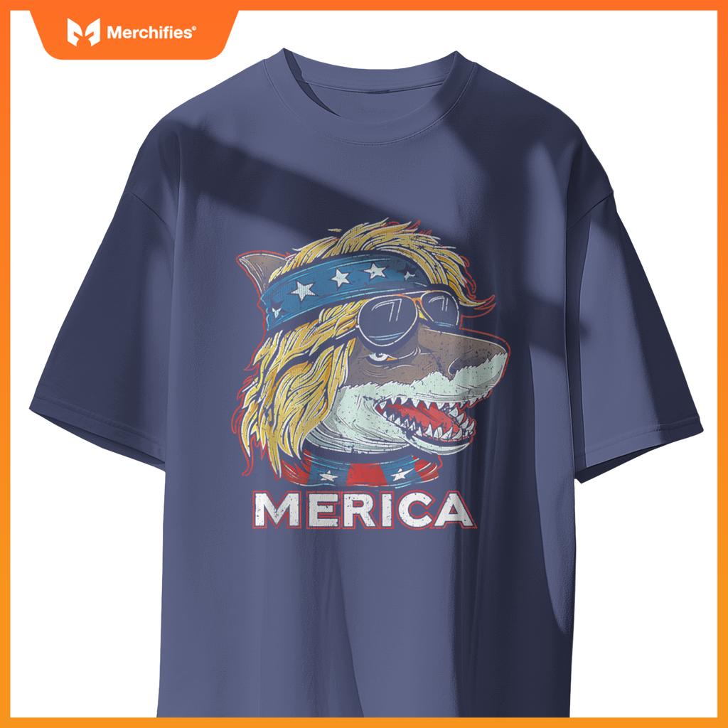 Shark - Patriotic USA 4th of July American Flag Mullet Funny T-Shirt