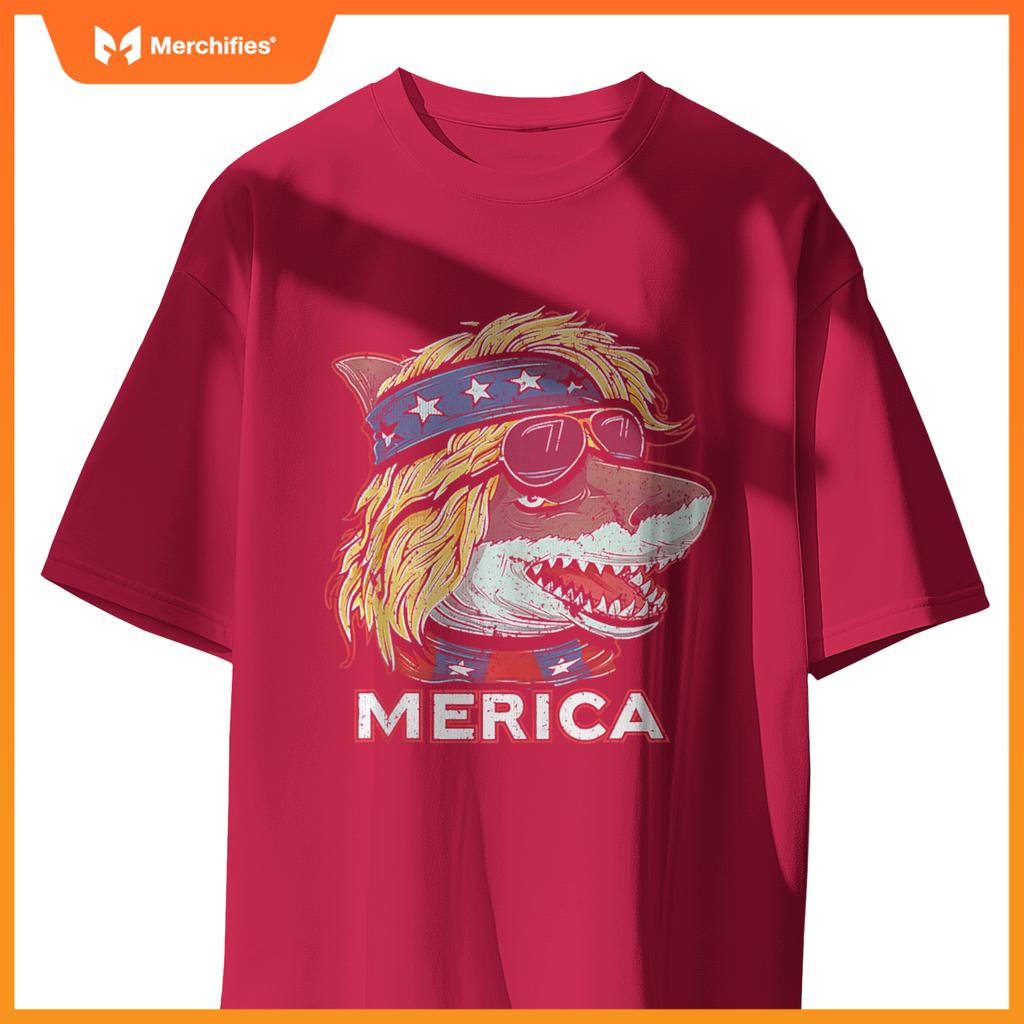 Shark - Patriotic USA 4th of July American Flag Mullet Funny T-Shirt