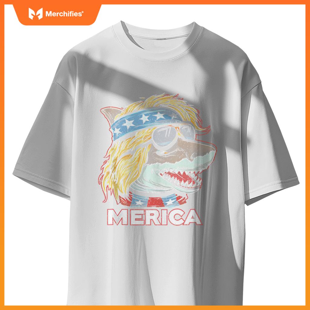 Shark - Patriotic USA 4th of July American Flag Mullet Funny T-Shirt