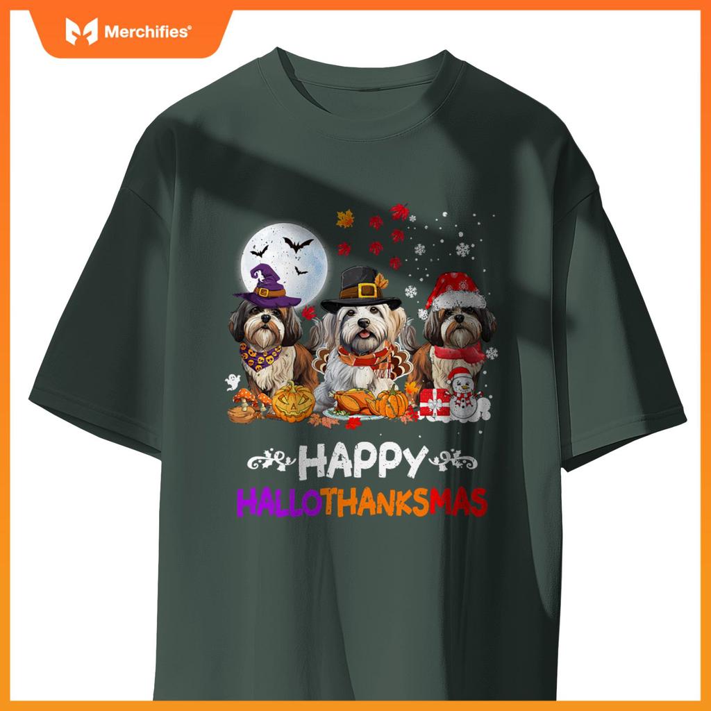 Shih Tzu Dog Christmas Happy Hallothankmas Thanksgiving Dogs T-Shirt