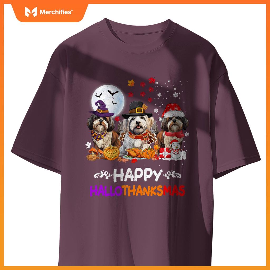 Shih Tzu Dog Christmas Happy Hallothankmas Thanksgiving Dogs T-Shirt