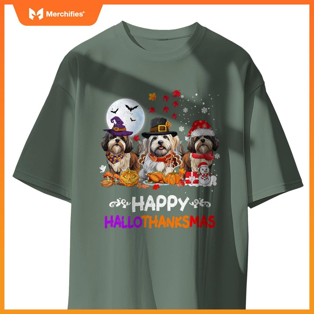 Shih Tzu Dog Christmas Happy Hallothankmas Thanksgiving Dogs T-Shirt
