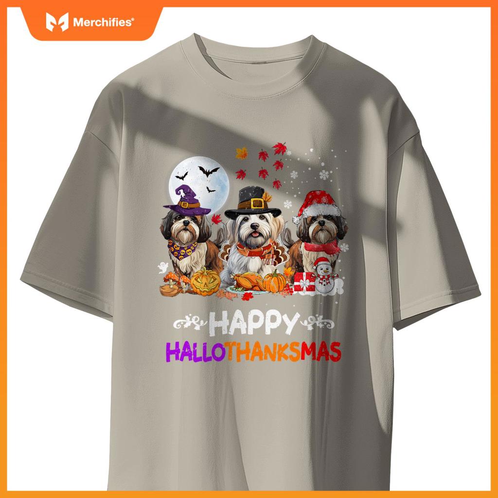 Shih Tzu Dog Christmas Happy Hallothankmas Thanksgiving Dogs T-Shirt