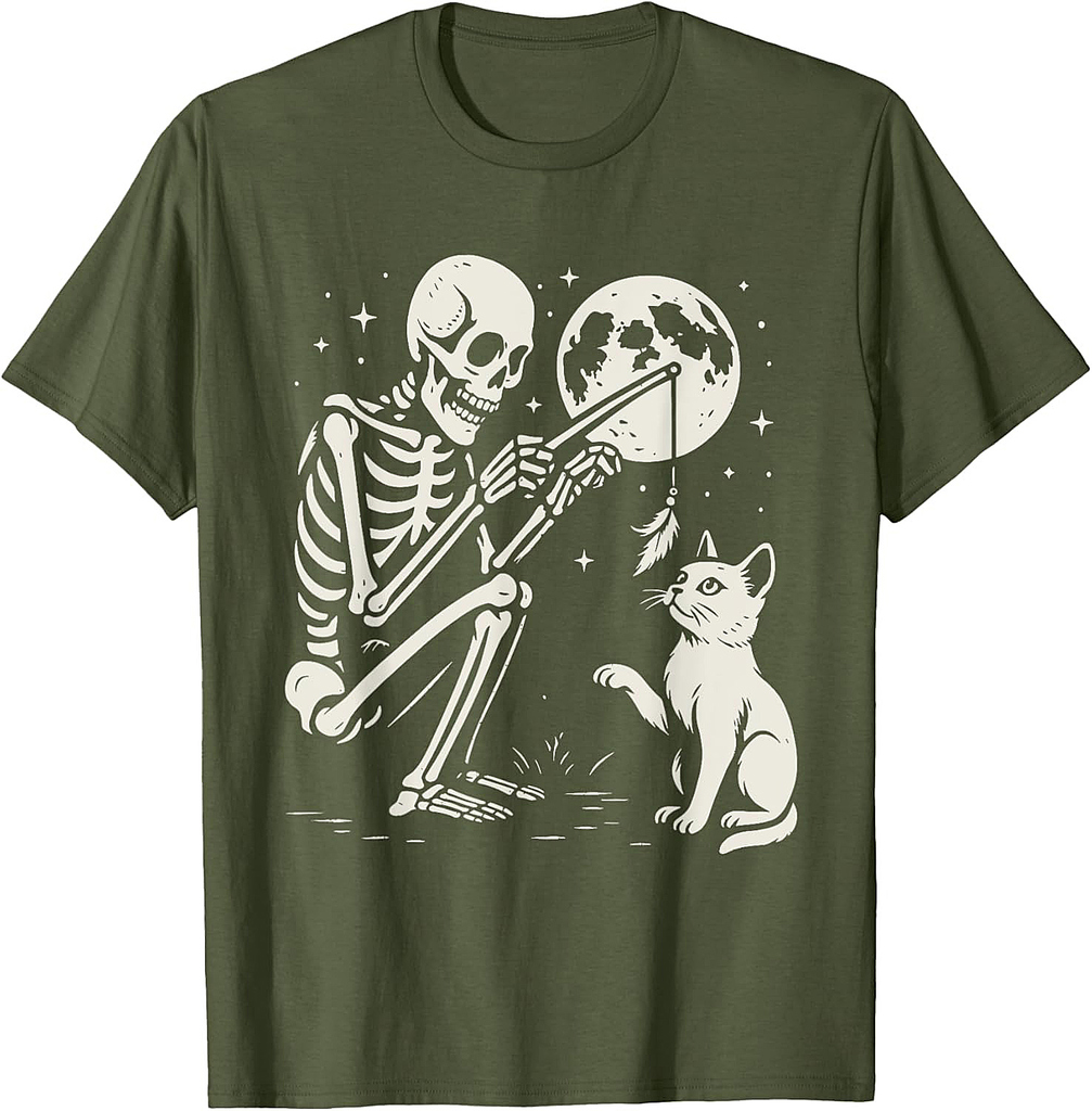 Skeleton Cat Moon Night Halloween Funny Cute Men Women Girls T-Shirt