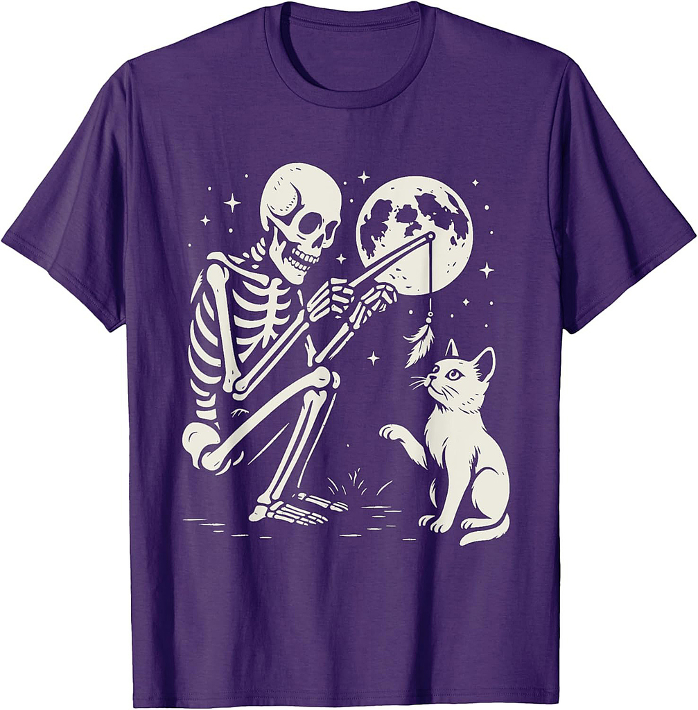 Skeleton Cat Moon Night Halloween Funny Cute Men Women Girls T-Shirt
