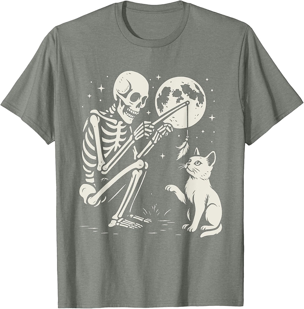 Skeleton Cat Moon Night Halloween Funny Cute Men Women Girls T-Shirt