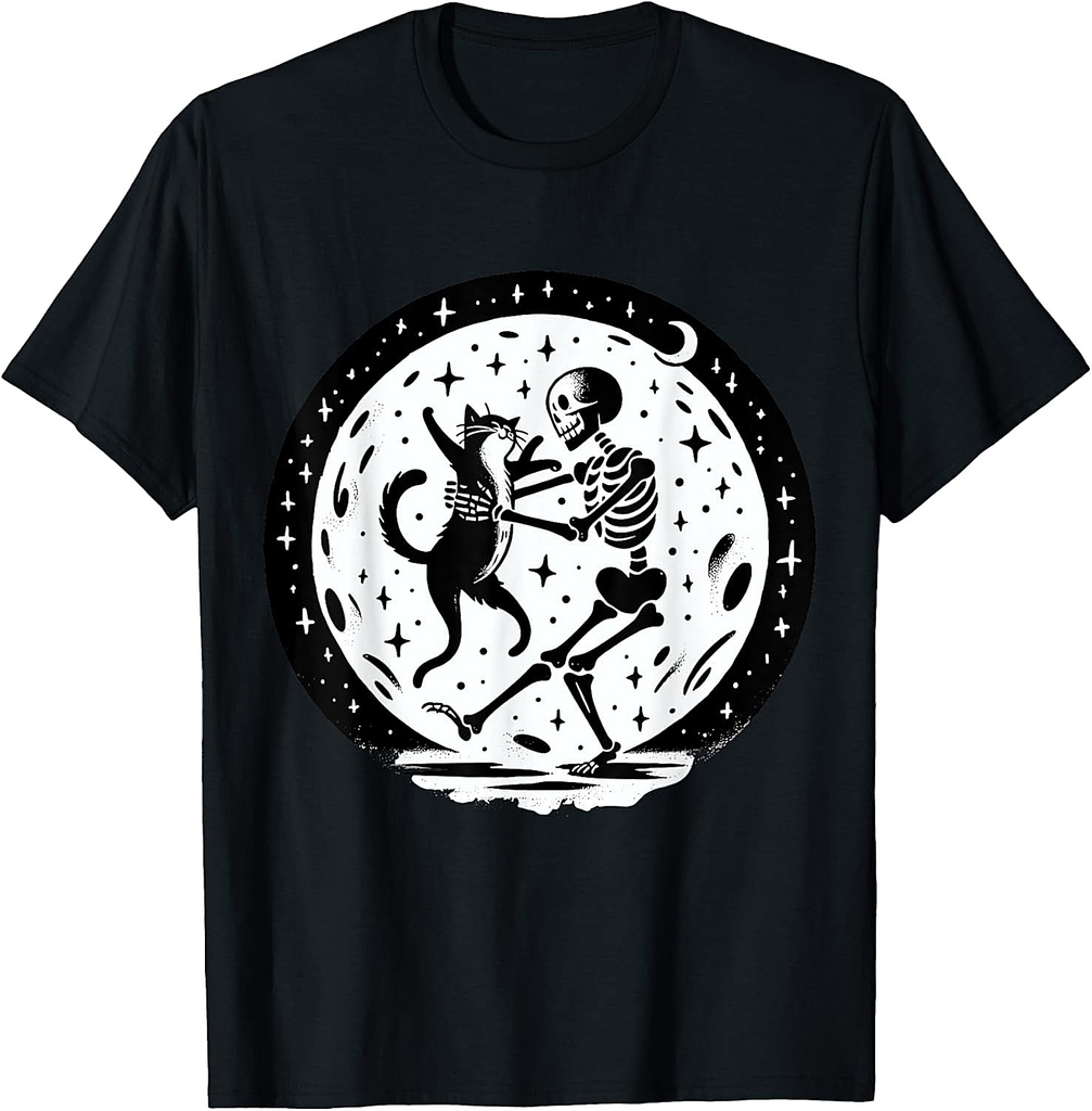 Skeleton Dancing with Cat Halloween T-Shirt for Men Women Kids