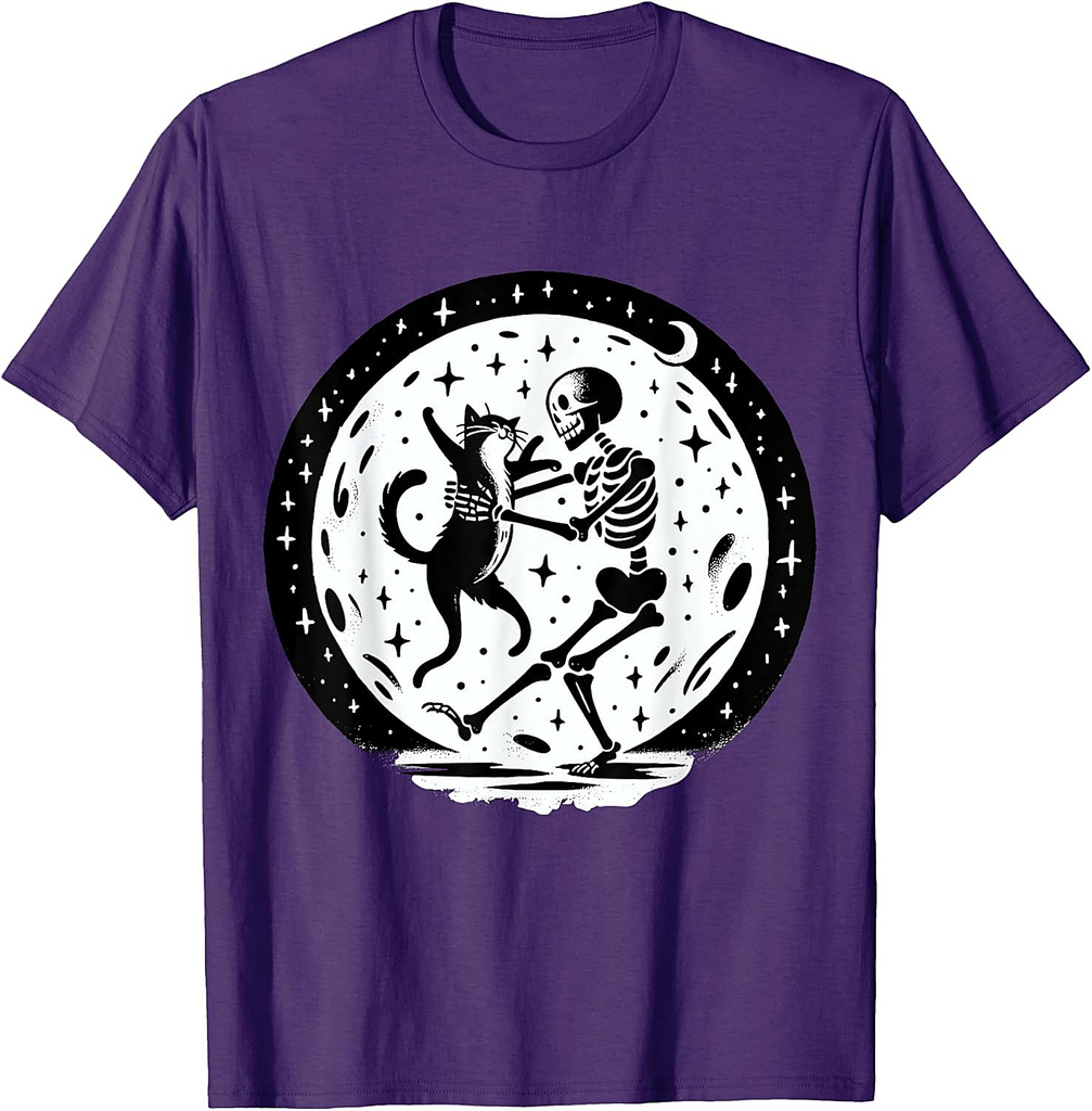 Skeleton Dancing with Cat Halloween T-Shirt for Men Women Kids