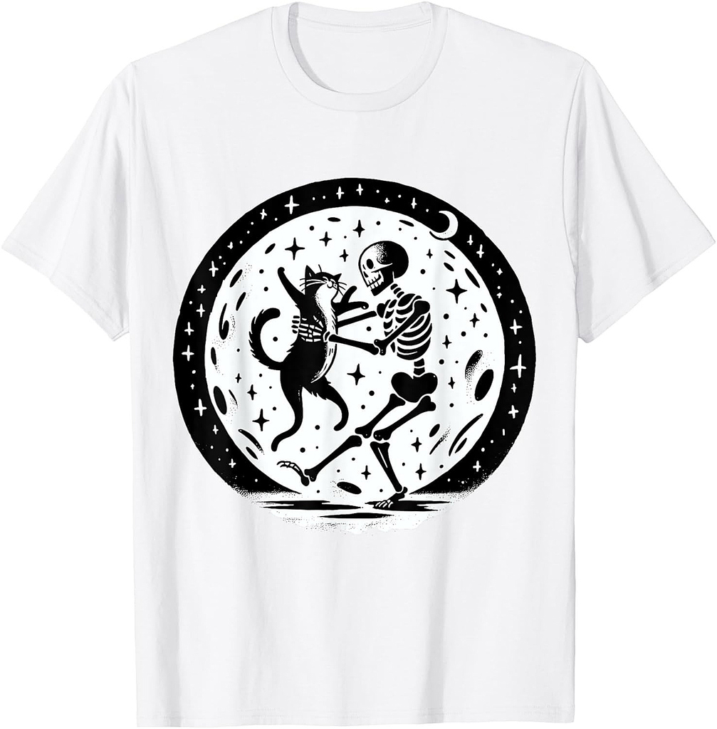 Skeleton Dancing with Cat Halloween T-Shirt for Men Women Kids