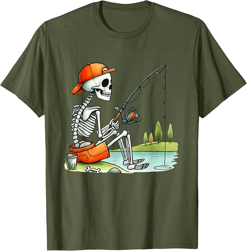 Skeleton Fishing Halloween Costume Funny Fishing Boys Kids T-Shirt