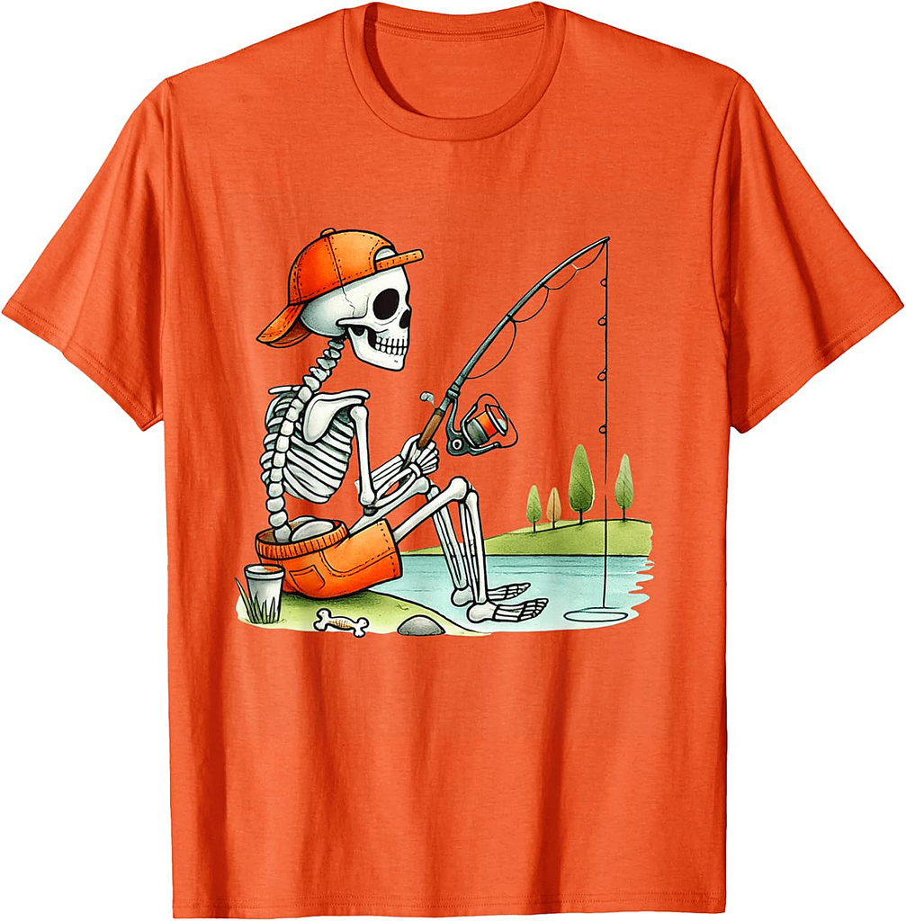 Skeleton Fishing Halloween Costume Funny Fishing Boys Kids T-Shirt