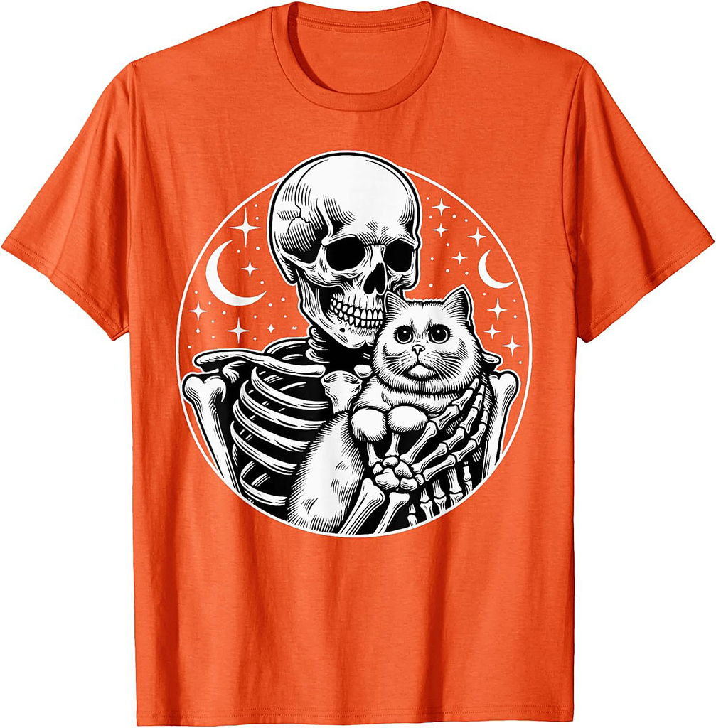 Skeleton Holding A Cat Skull Graphic Spooky For Halloween Men Women Kids T-Shirt