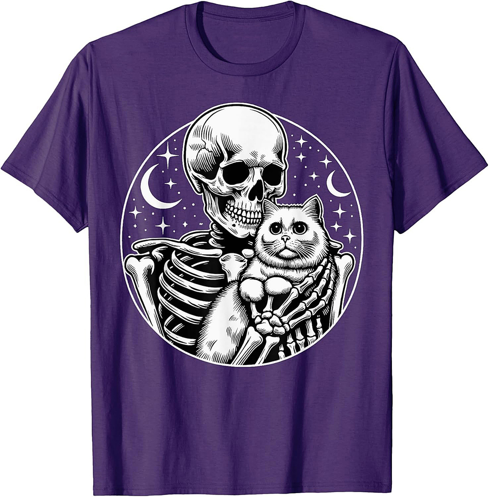 Skeleton Holding A Cat Skull Graphic Spooky For Halloween Men Women Kids T-Shirt