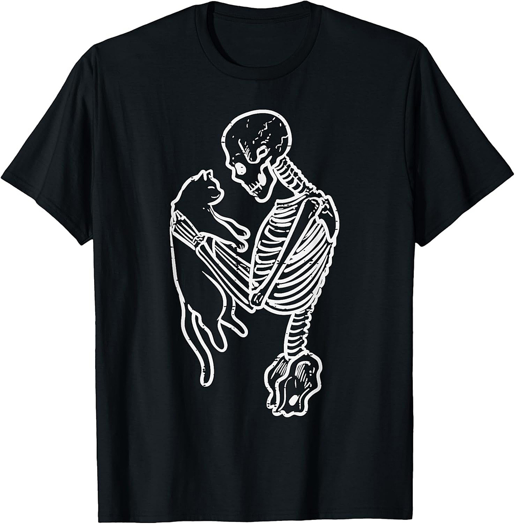 Skeleton Holding Cat Funny Halloween Costume Men Women Kids T-Shirt