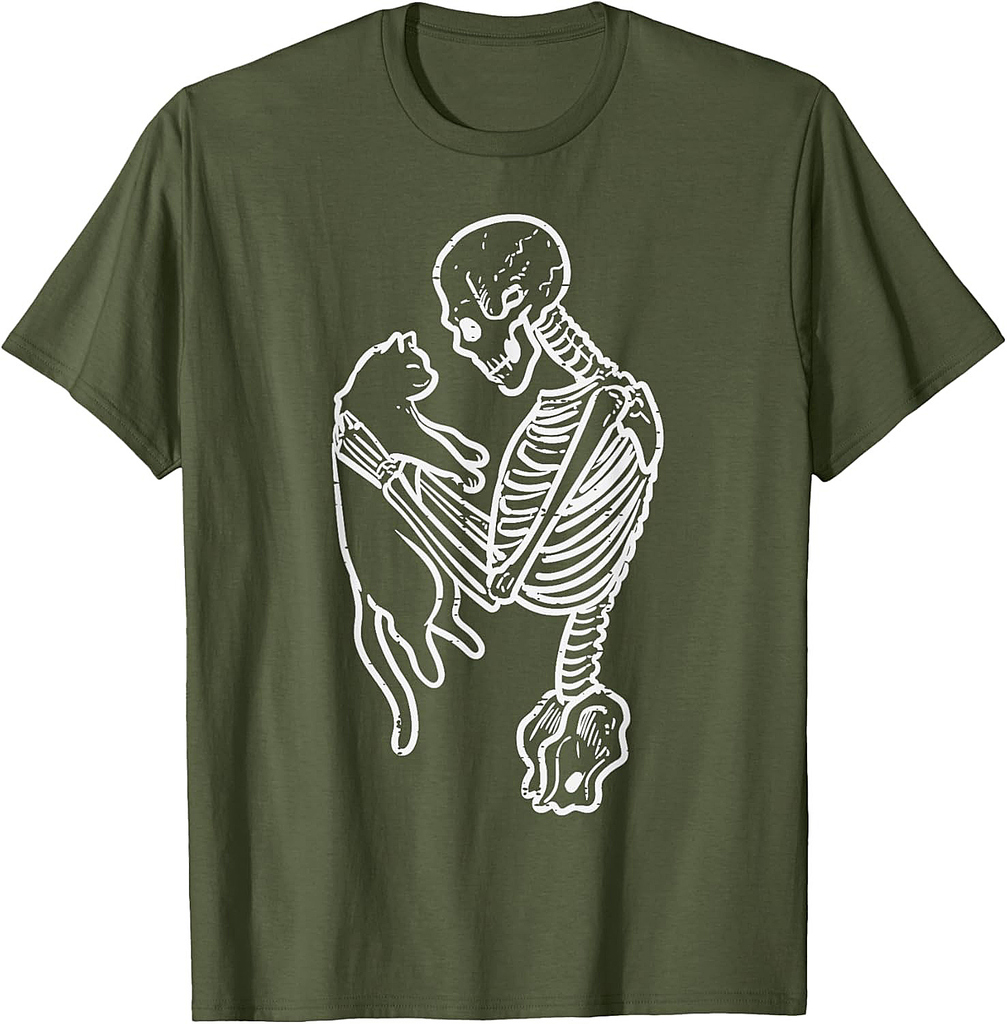 Skeleton Holding Cat Funny Halloween Costume Men Women Kids T-Shirt