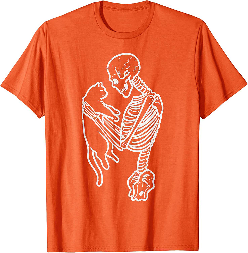 Skeleton Holding Cat Funny Halloween Costume Men Women Kids T-Shirt