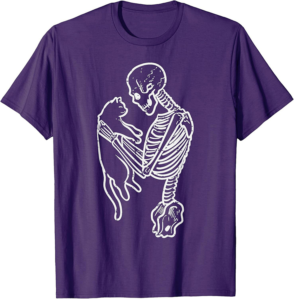 Skeleton Holding Cat Funny Halloween Costume Men Women Kids T-Shirt