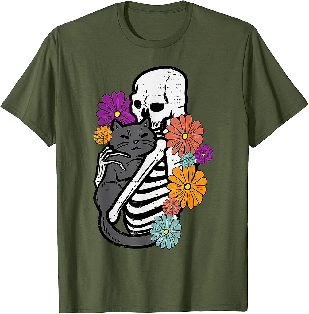 Skeleton Hugging Black Cat Flowers Halloween Women Girls T-Shirt