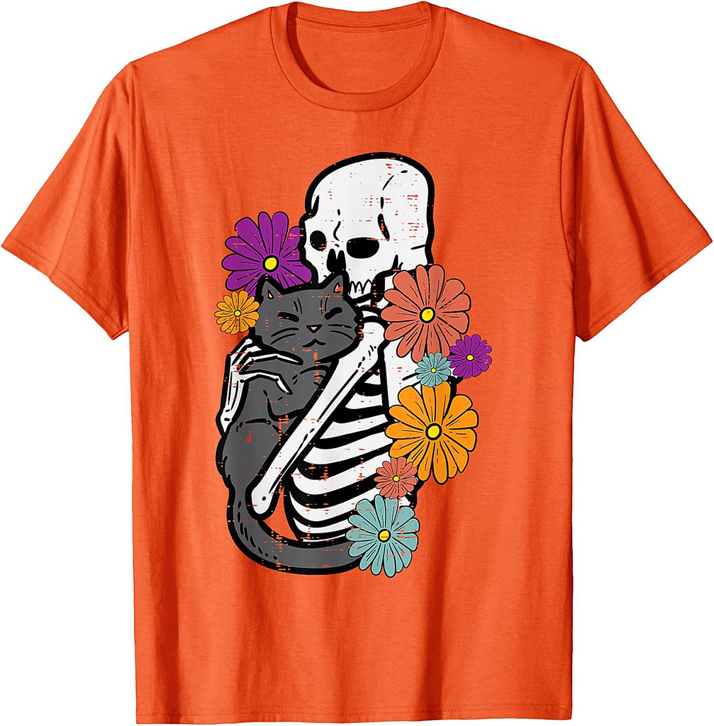 Skeleton Hugging Black Cat Flowers Halloween Women Girls T-Shirt