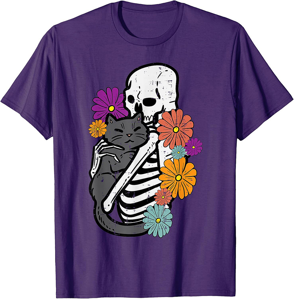 Skeleton Hugging Black Cat Flowers Halloween Women Girls T-Shirt