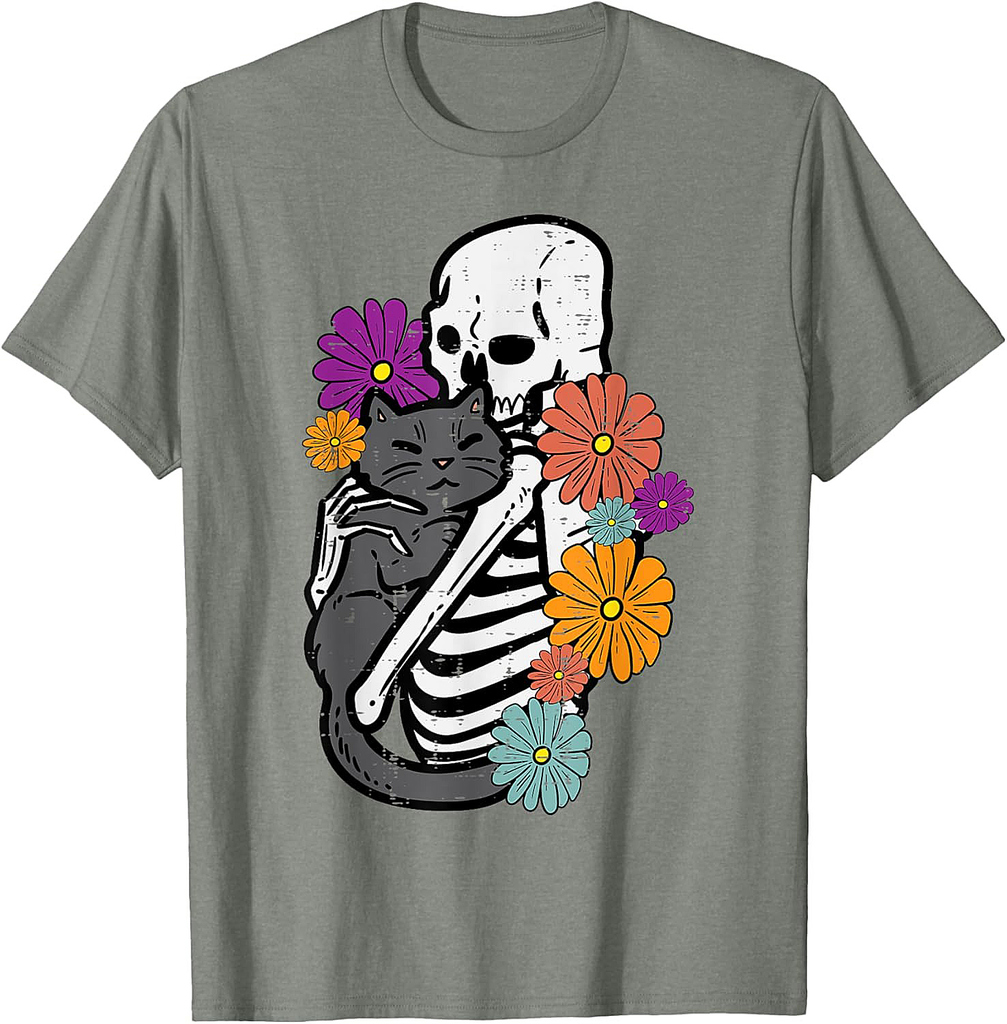 Skeleton Hugging Black Cat Flowers Halloween Women Girls T-Shirt