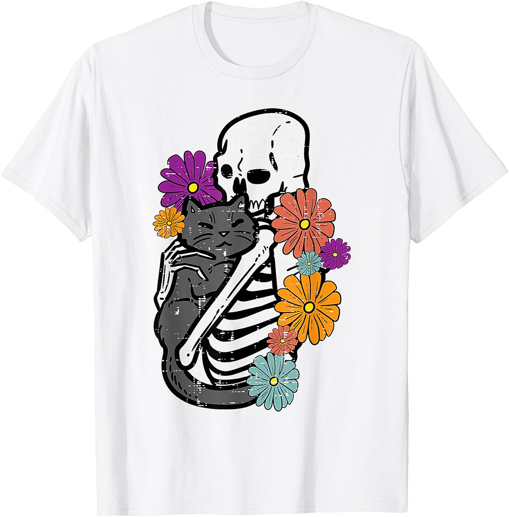 Skeleton Hugging Black Cat Flowers Halloween Women Girls T-Shirt