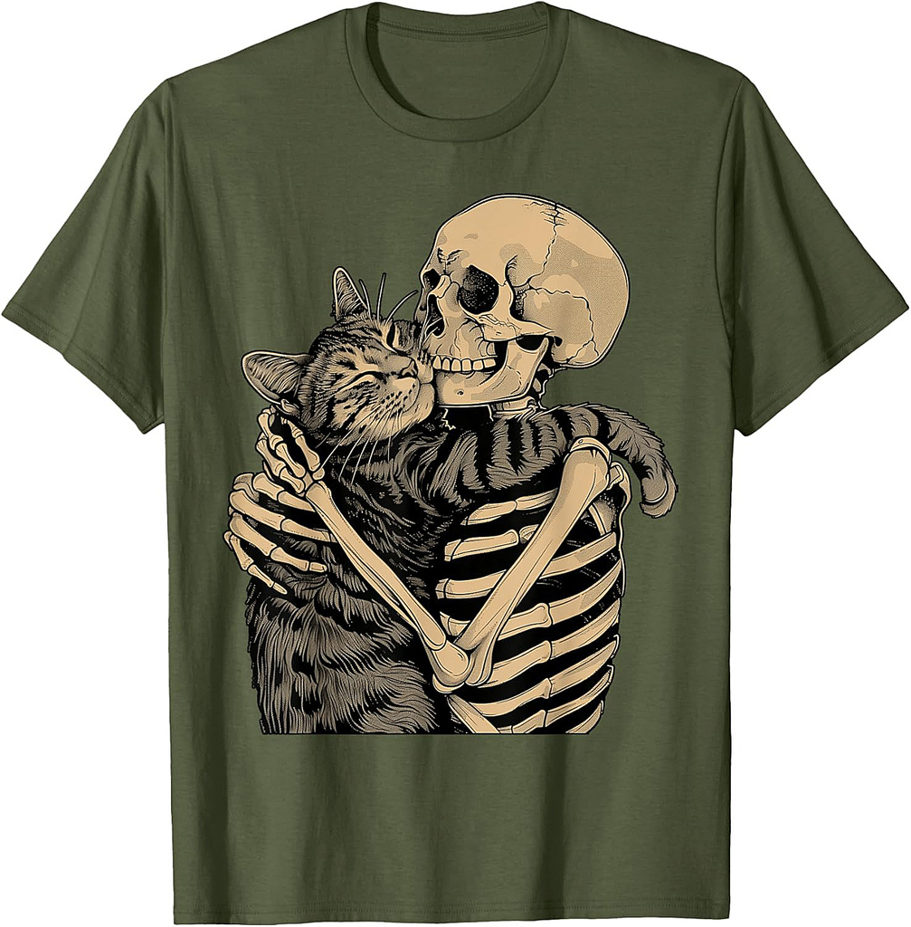 Skeleton Hugging Cat Halloween Cat Lover Cat Mom Dad T-Shirt