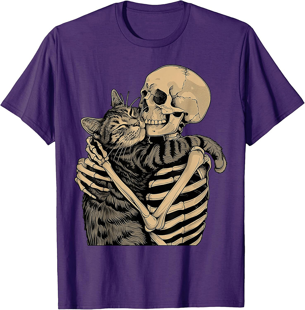 Skeleton Hugging Cat Halloween Cat Lover Cat Mom Dad T-Shirt