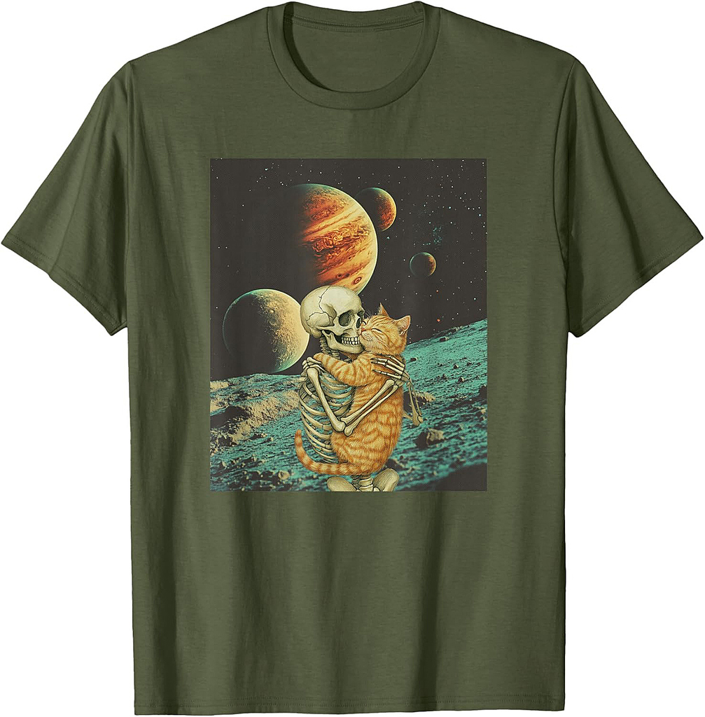 Skeleton Hugging Orange Cat Halloween Cat Lover Vintage T-Shirt for Men Women Kids