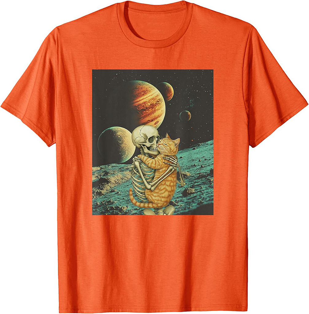 Skeleton Hugging Orange Cat Halloween Cat Lover Vintage T-Shirt for Men Women Kids