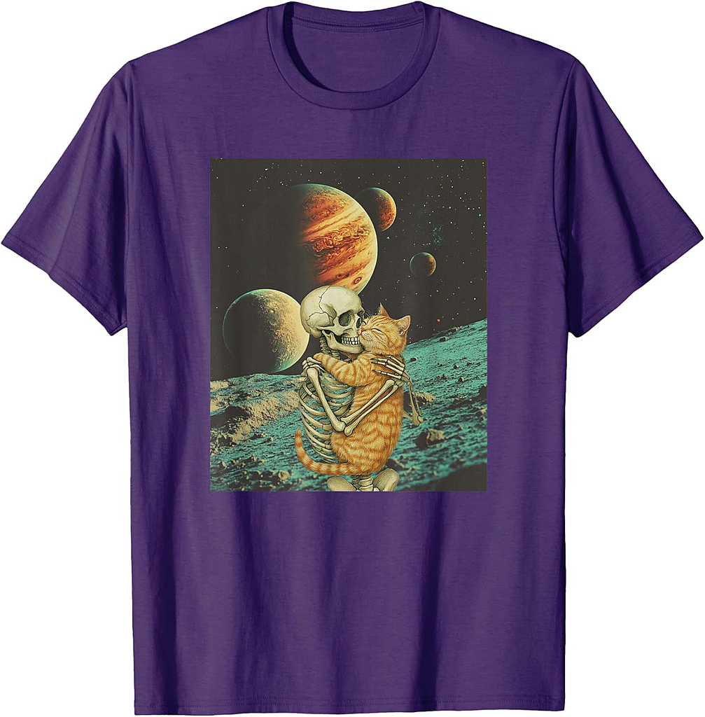 Skeleton Hugging Orange Cat Halloween Cat Lover Vintage T-Shirt for Men Women Kids