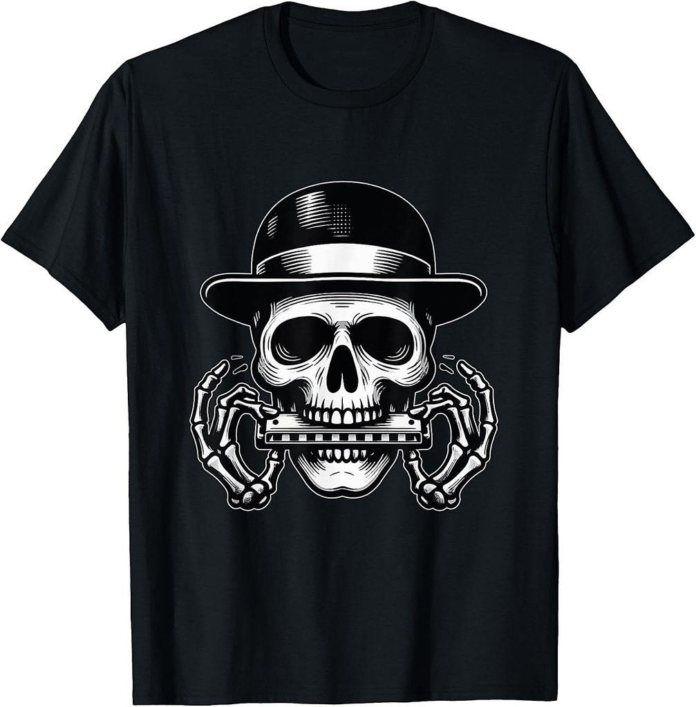 Skeleton Playing Harmonica Halloween T-Shirt
