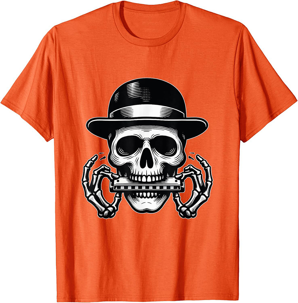 Skeleton Playing Harmonica Halloween T-Shirt