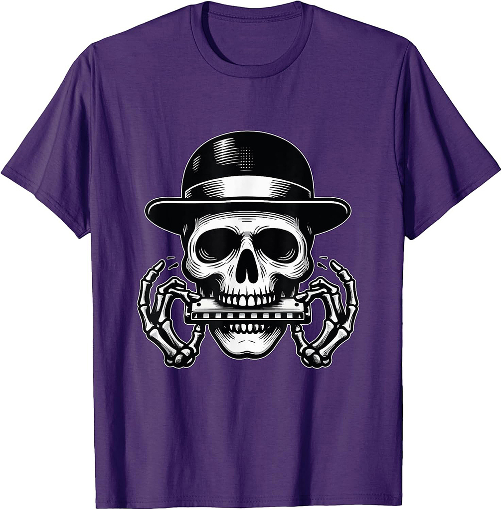 Skeleton Playing Harmonica Halloween T-Shirt