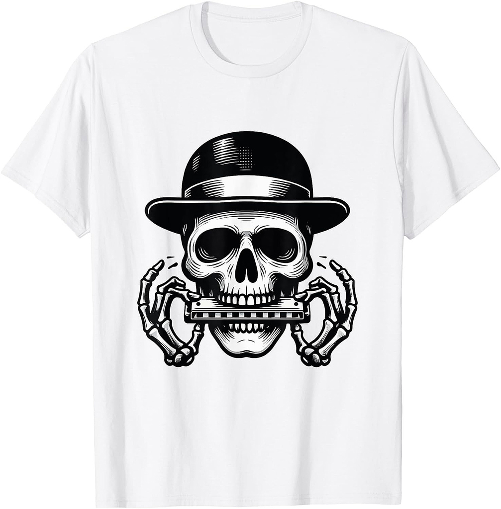 Skeleton Playing Harmonica Halloween T-Shirt