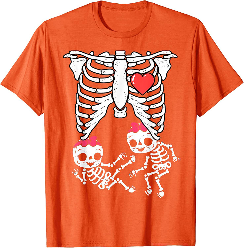 Skeleton Pregnancy Shirt Girl Twins X-Ray Pregnant Halloween T-Shirt